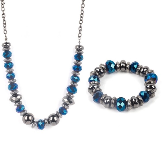 Gunmetal & Metallic Blue Necklace & Bracelet Set - Picture 1 of 3